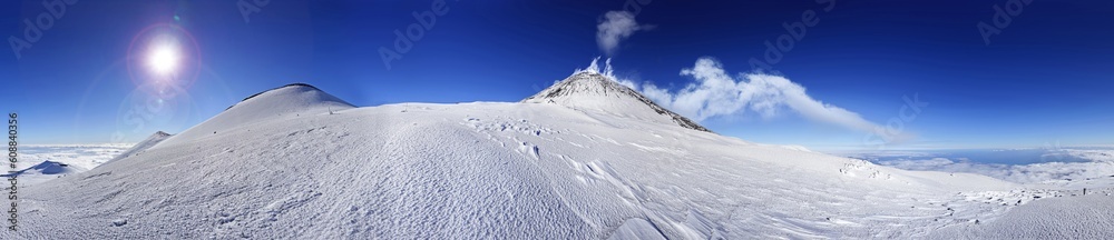 Panorama of the snowy plateau with the active volcano Etna