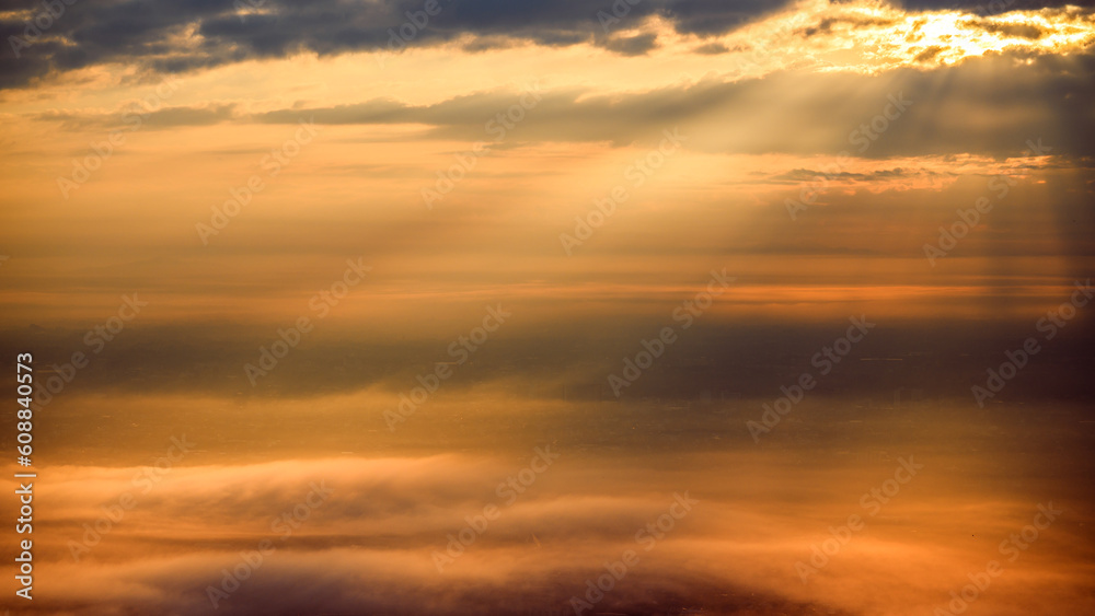 dramatic aerial view landscape blue morning sky with sea of mist and clouds at sunrise