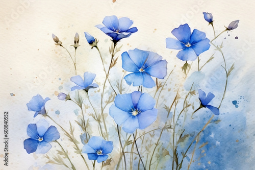 Watercolor Flax Flowers - botanical illustration. Generative AI