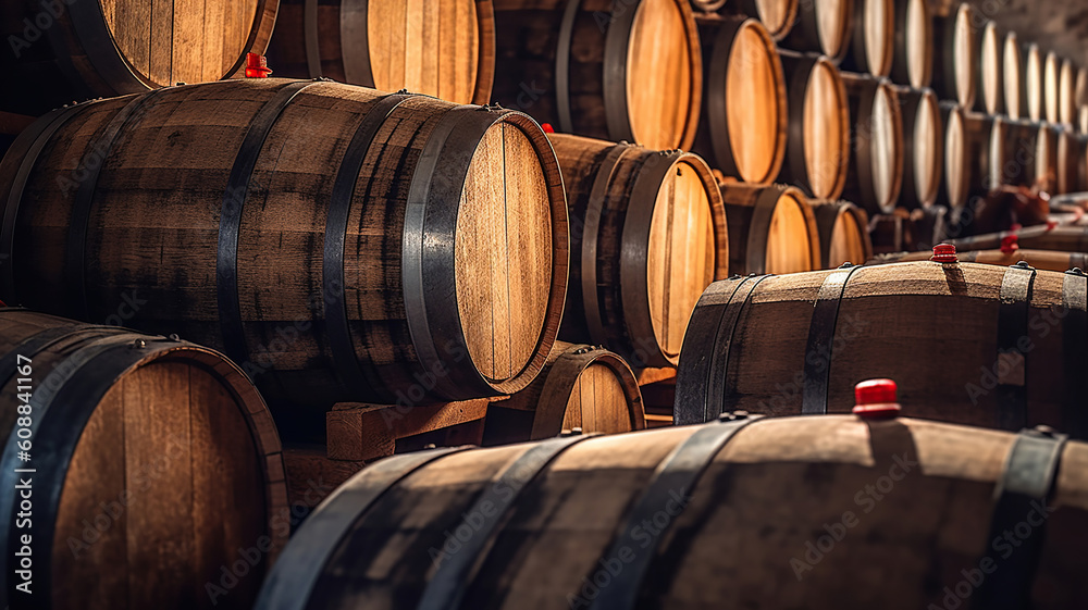 Wine in wooden barrels is stored. Generative Ai