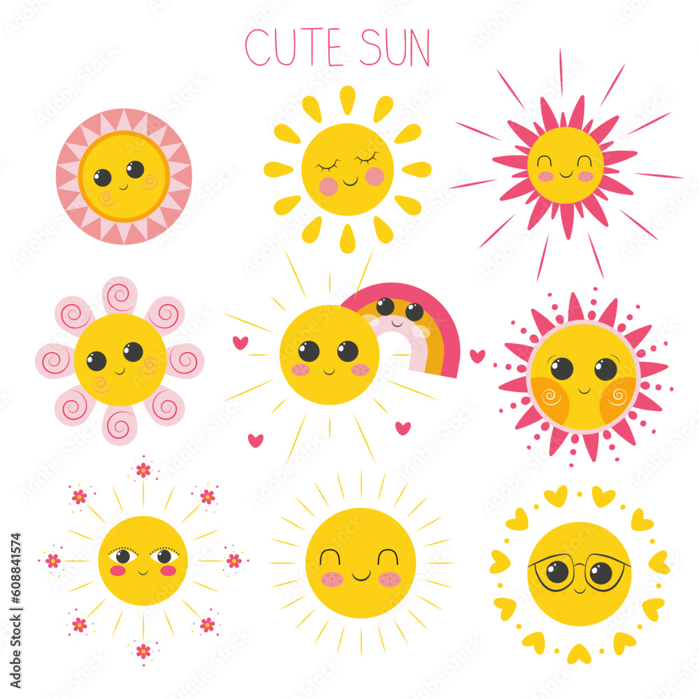Set of Cute Smiling Suns Vector Illustration