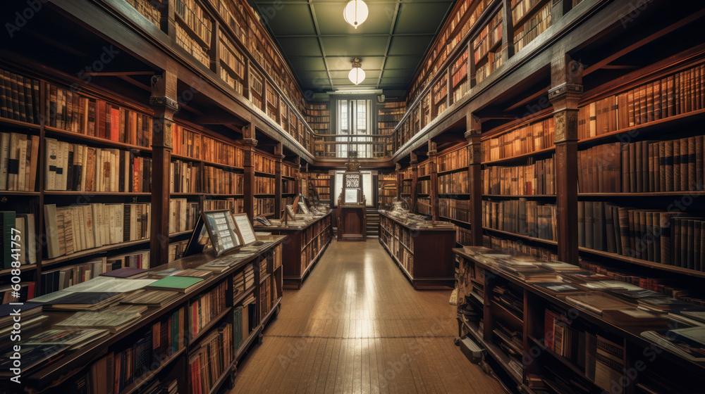Big Old library or bookshop with many books on shelves AI generative	
