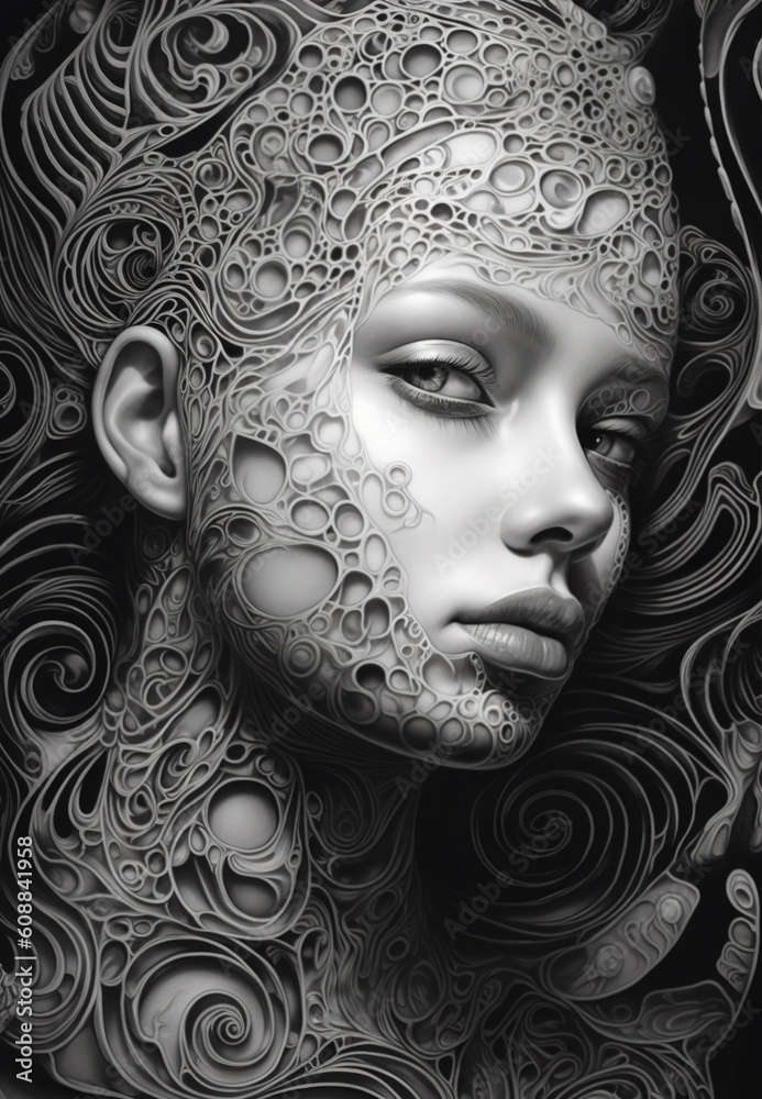 Illustration of a girl with a swirled face, in the style of intricate patterns and details. Generative AI.