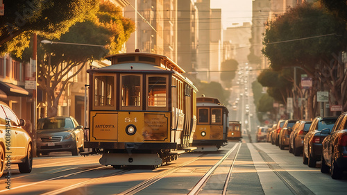 Classic view of historic traditional Cable Cars riding. Generative Ai