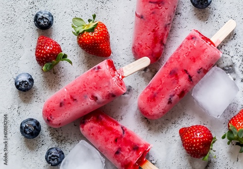 Healthy Strawberry Ice cream popsicles with fruit, berries and ice, photo from top view, AI generated image