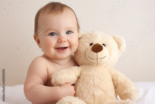 Cute happy little baby with a teddy bear. Generative AI