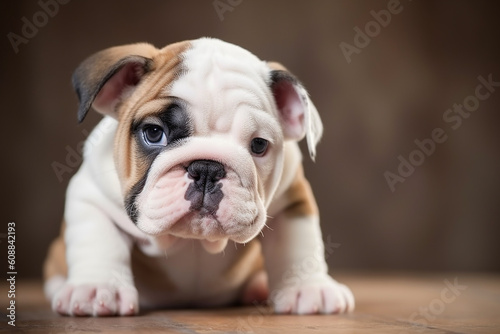 Cute funny bulldog puppy posing closeup. Generative AI © lanych