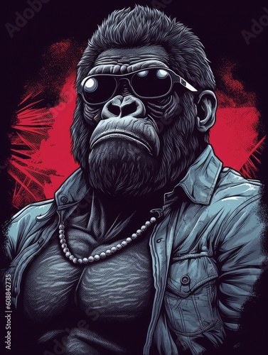 Gorilla retro design. Print for T-shirts. Generative AI photo