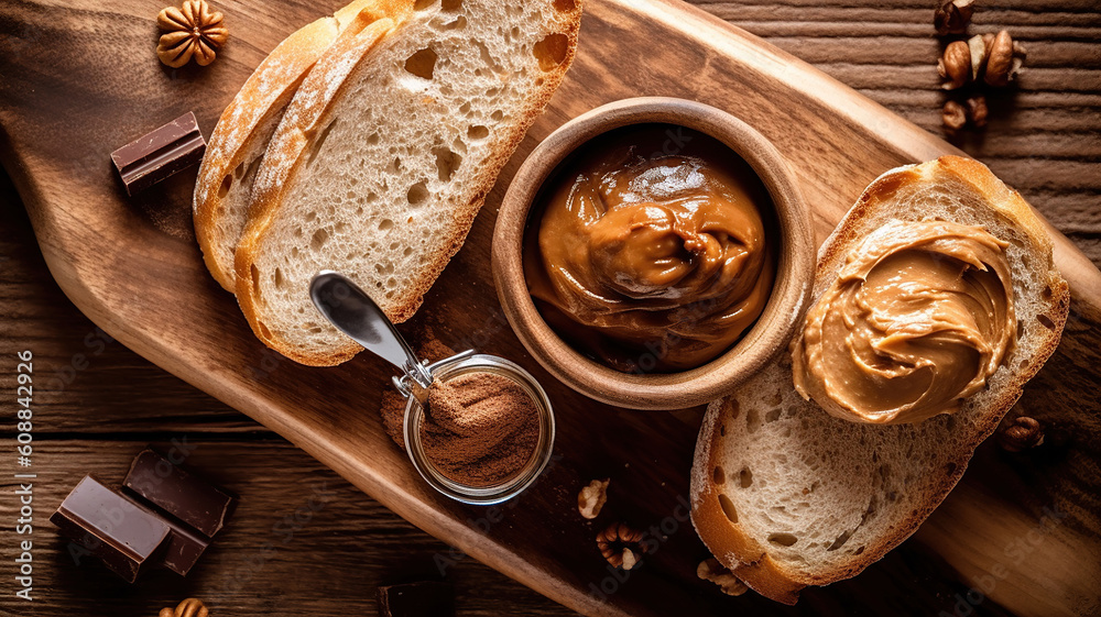 Board with fresh bread and chocolate nut butter on wooden background. Generative Ai Board with fresh bread and chocolate nut butter on wooden background. Generative Ai