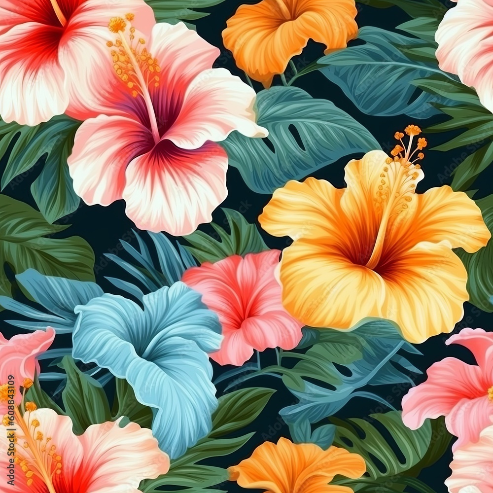 Tropical flowers hibiscus seamless