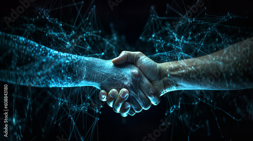 Human shaking hands with an AI  cyan energy  black background  Ai Generated