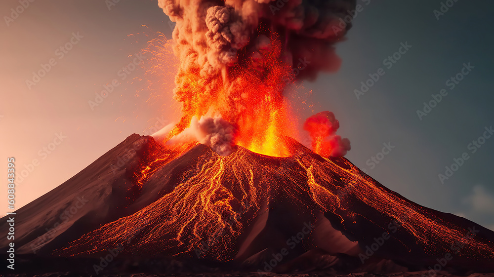 A large volcano erupting hot lava and gases into the atmosphere. Generative Ai