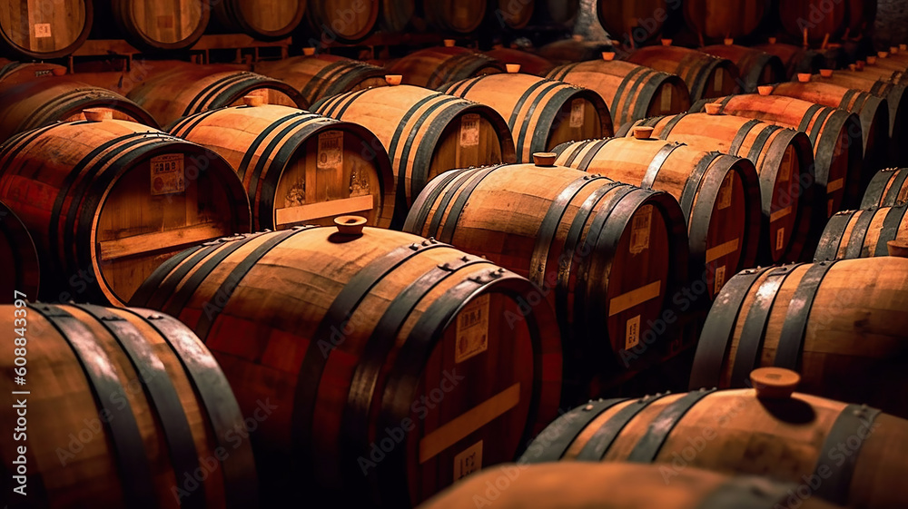 Wine in wooden barrels is stored. Generative Ai