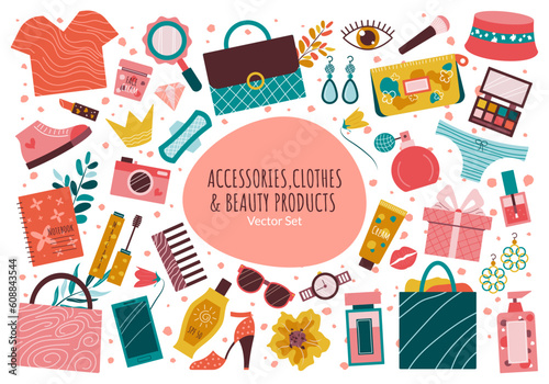 Hand drawn Vector set of Accessories and Clothing