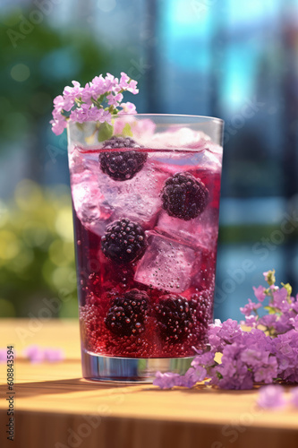 Glass of Blackberry hibiscus iced tea, front view. Generative AI