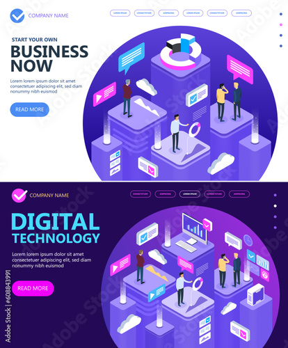Vector Isometric Concept of site Business strategies and Business finance vector concept, Business people working together and developing a successful business  strategy, Vector  illustration