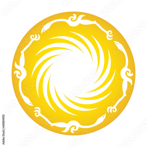 Golden Sun Bird, or the Sun and Immortal Birds Gold Ornament. A pattern, cut from a ring-shaped piece of ancient Chinese gold foil. Four birds flying in same direction around a 12-pointed sun pattern.
