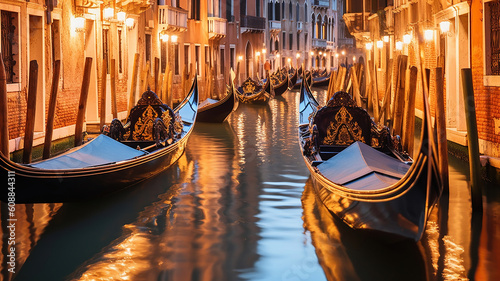 Traditional gondolas on narrow canal. Generative Ai