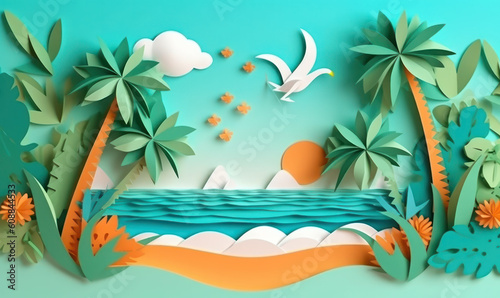 Abstract summer vive beach paper cut landscape background