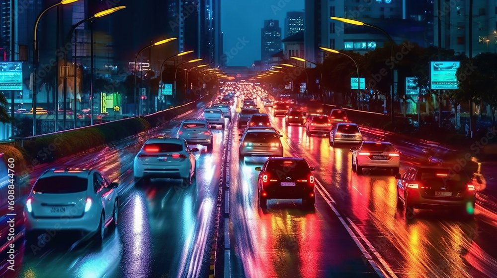 city car traffic jams night lights. Generative Ai
