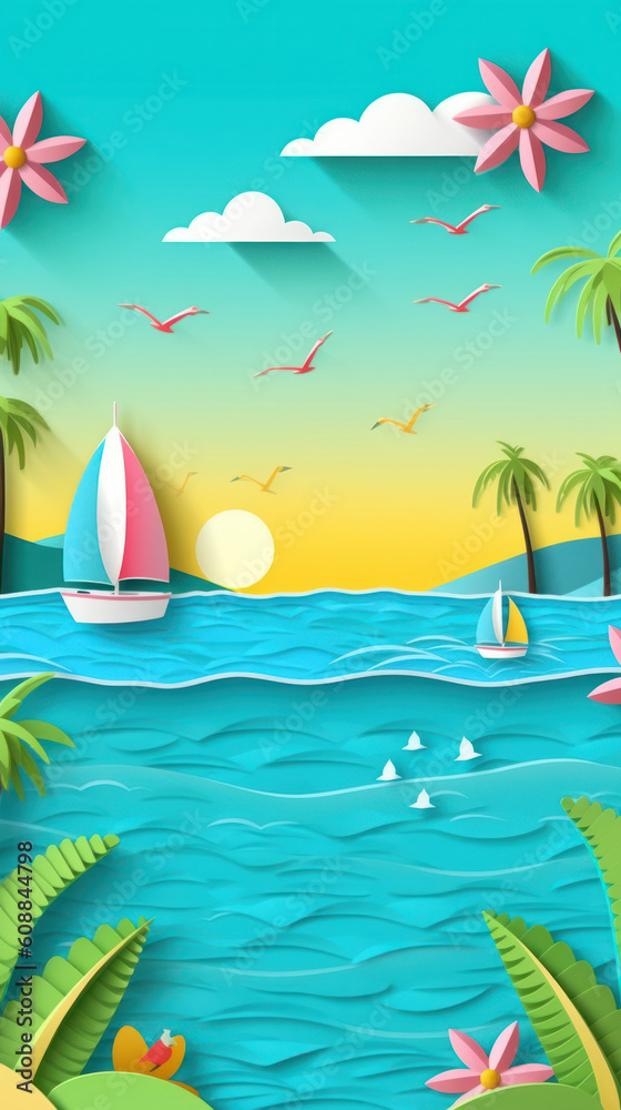 Abstract summer beach vibe paper cut landscape background