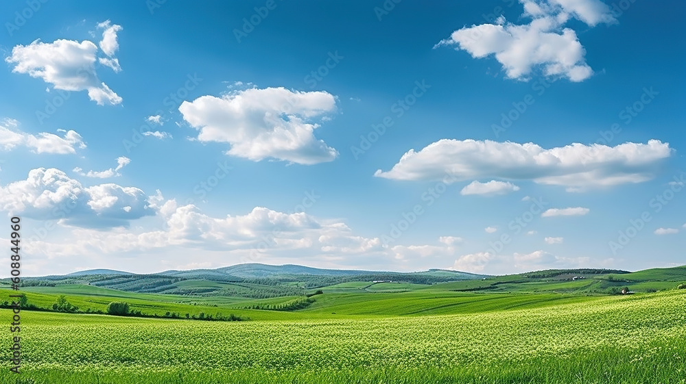 Obraz premium Spring panoramic landscape. Sky with fluffy clouds over green field. Generative Ai