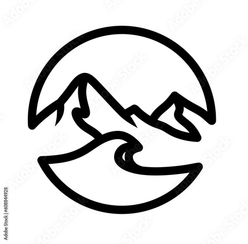 Round minimalistic mountain logo with a wave. Mountain peaks. Emblem of outdoor activities.