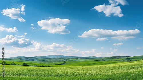 Spring panoramic landscape. Sky with fluffy clouds over green field. Generative Ai
