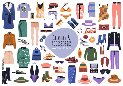 Vector set of casual clothing, shoes, accessories.