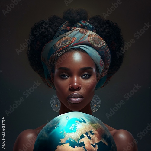 Mother Earth, Beautiful Black Model, Beautiful African Artwork, Black Queen, Black Woman, Holding Earth, AI Generated, Fantasy Art, African Fantasy
