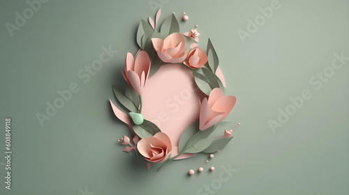 Illustration of flower with frame as background. Template draft of nature circle with copy space in the center for invitation, greetings, valentine, or love design element. Generative AI technology.