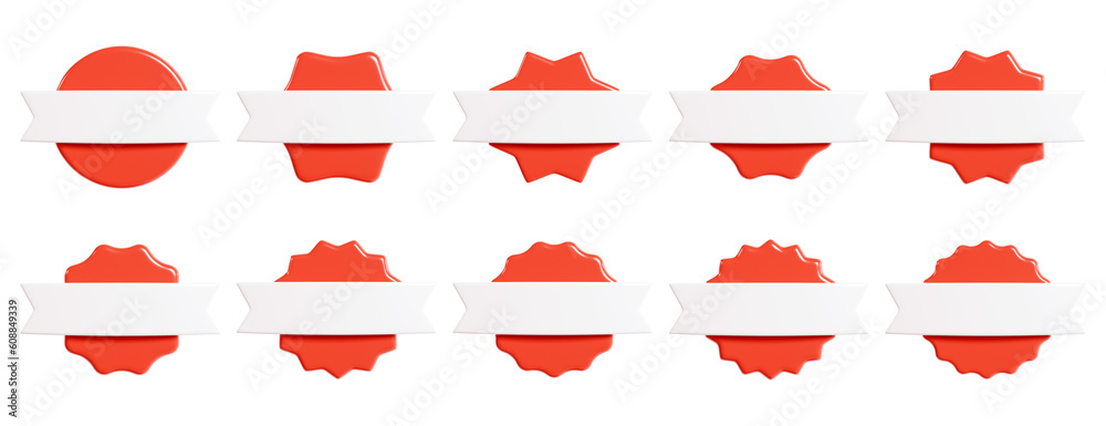 Red starburst sticker with white ribbon 3d render set - collection of round sun burst or star shape badges Red starburst sticker with white ribbon 3d render set - collection of round sun burst or star shape badges