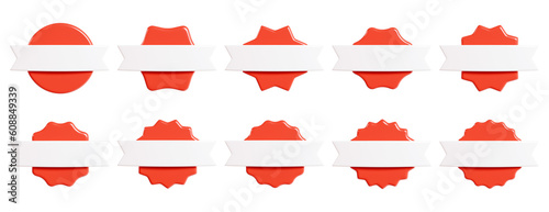Red starburst sticker with white ribbon 3d render set - collection of round sun burst or star shape badges