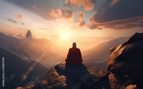 Buddhist monk meditating at the top of the mountain at sunrise. Generative Ai illustration © ArtmediaworX