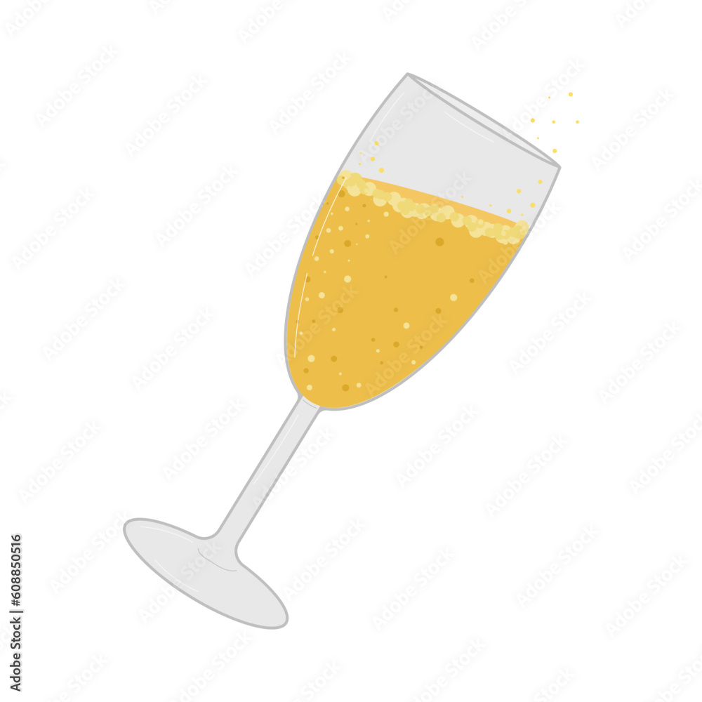 Champagne drink isolated on a white background. Tilted glass with a drink, bubbles. Poster, postcard, flyer design. The concept of the holiday. Vector flat illustration.