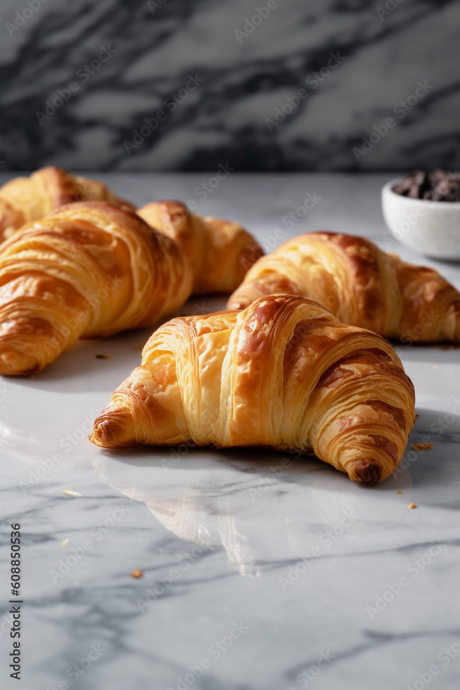 Freshly baked flaky golden croissants on marble surface, generative AI Freshly baked flaky golden croissants on marble surface, generative AI