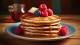 Pancakes with some Honey and Berries all over. Isolated Subject and Blurred Background. Generative AI.