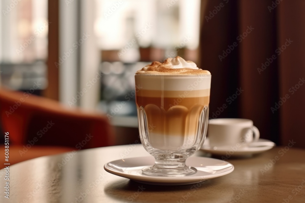 a glass glass of latte macchiato coffee on a table in a cafe. AI generated a glass glass of latte macchiato coffee on a table in a cafe. AI generated