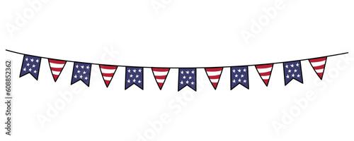 USA flags bunting, streamer. Vector doodle illustration. Decorative party banner in style of United States of America flags. Design element for Independence Day July 4