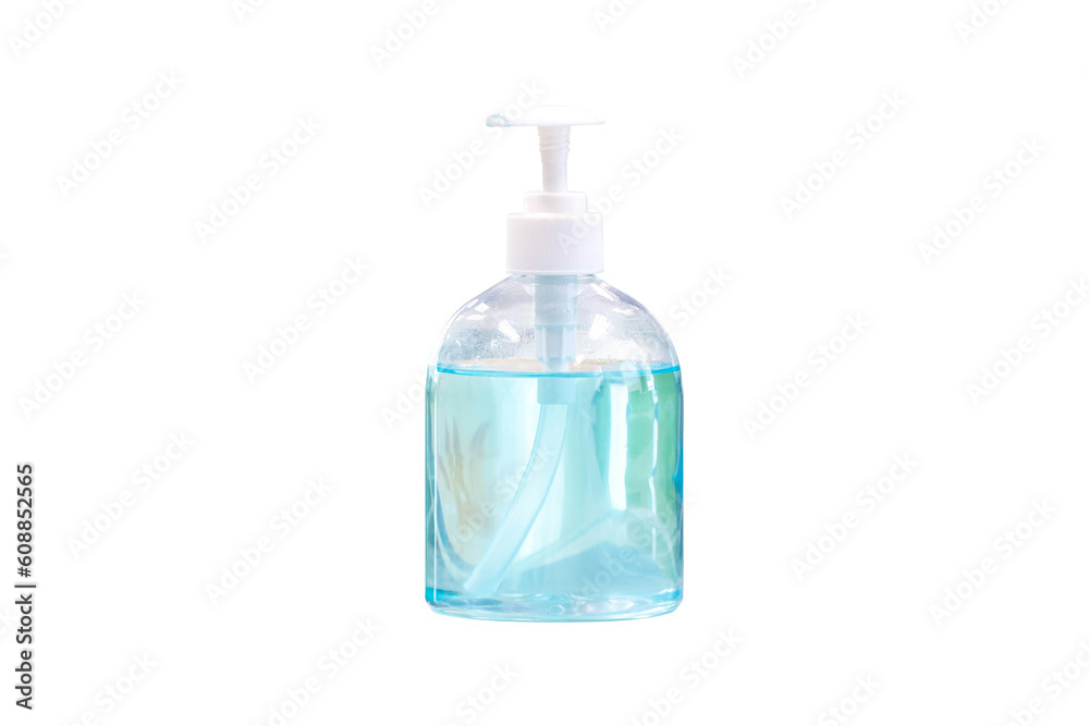 Alcohol gel in a clear plastic pump bottle, protection against germs, epidemics, isolated on white background with clipping path Alcohol gel in a clear plastic pump bottle, protection against germs, epidemics, isolated on white background with clipping path