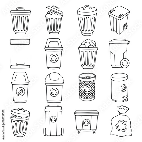Trash Doodle vector icon set. Drawing sketch illustration hand drawn line eps10