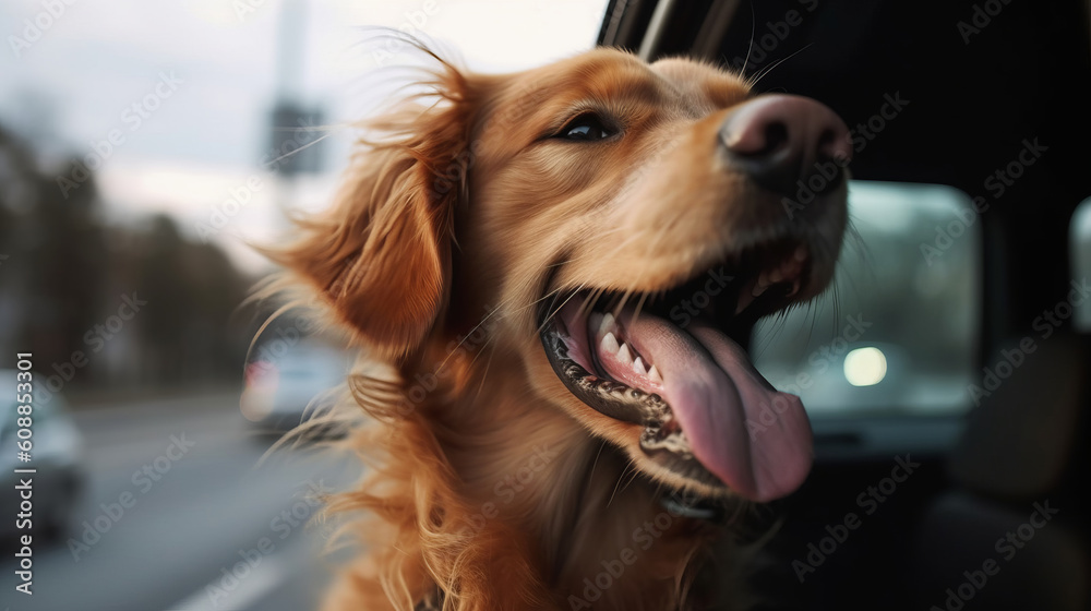 Dog enjoying from traveling by car. Dog looking through window on road. Created with Generative AI technology.
