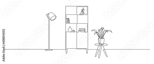 Continuous one line drawing of cabinet with floor lamp and home plant. Indoor furniture with modern design in simple linear style. Editable stroke. Doodle vector illustration