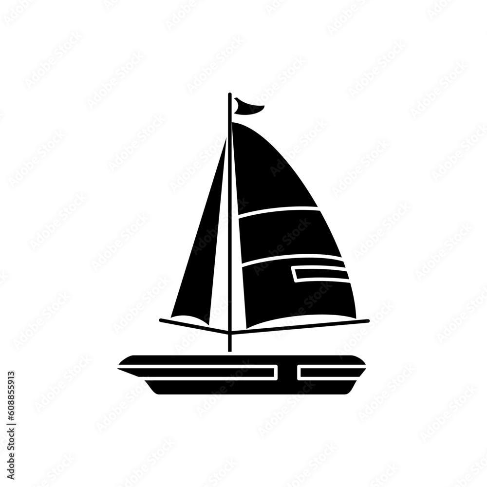 Sail boat black fill icon. Design element of Summer time vacation, vector illustration in trendy style. Editable graphic resources for many purposes. 