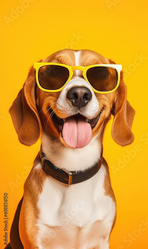 cute Beagle dog in studio wearing sunglasses over yellow background, pet cute portrait isolated animal.
