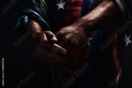 Black Lives Matter. The problem of culture, racism, and the descrImination of slavery. Juneteenth Emancipation Day. June 19. Freedom of Glosa Rights , fist of the chain Afro-American. photo