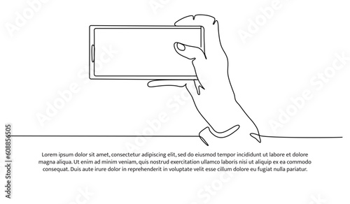 Continuous line design taking pictures with mobile phone. Decorative elements drawn on a white background.