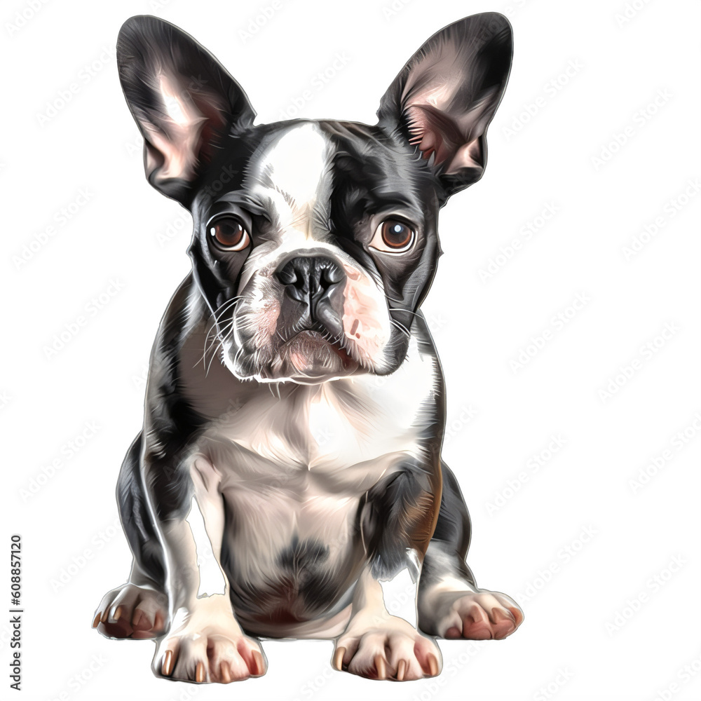 A small black and white boston terrier dog on a transparent background png isolated Generative Ai