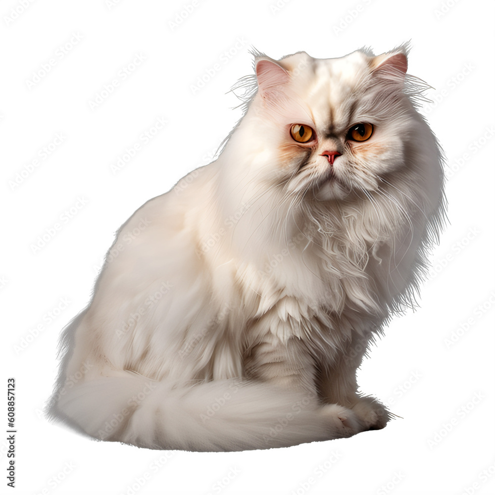 A fluffy white persian cat with orange eyes on a transparent background png isolated Generative Ai