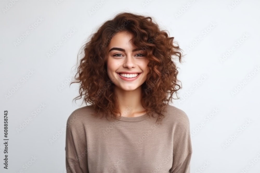 Portrait of beautiful young woman with curly hair smiling at camera over white background Portrait of beautiful young woman with curly hair smiling at camera over white background